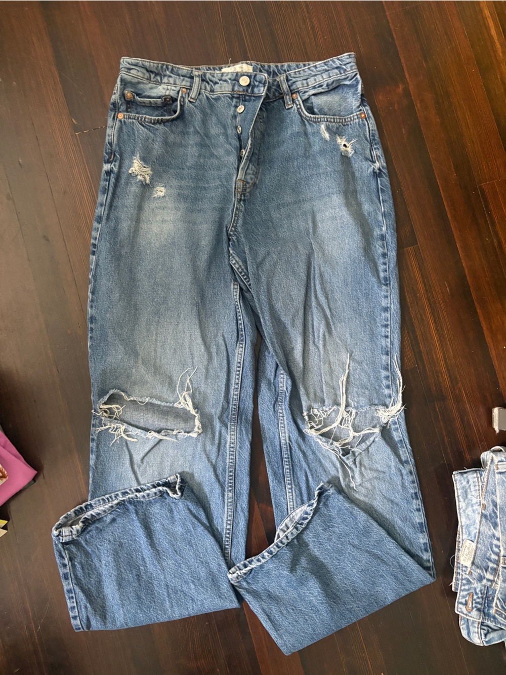 Free People Distressed Light Blue Wide Leg Jeans